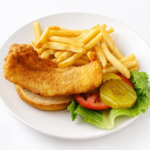 Fish sandwich with fries.