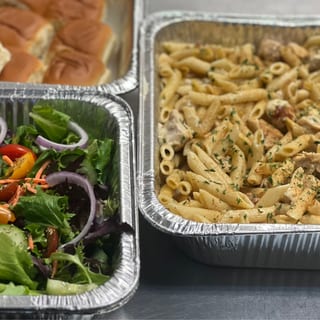Half Pan Cajun Chicken Pasta with Salad and Bread Stick